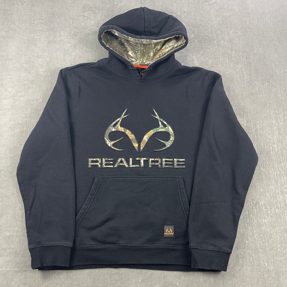 Realtree Men Large Black Hoodie Camo Logo Pullover Sweatshirt